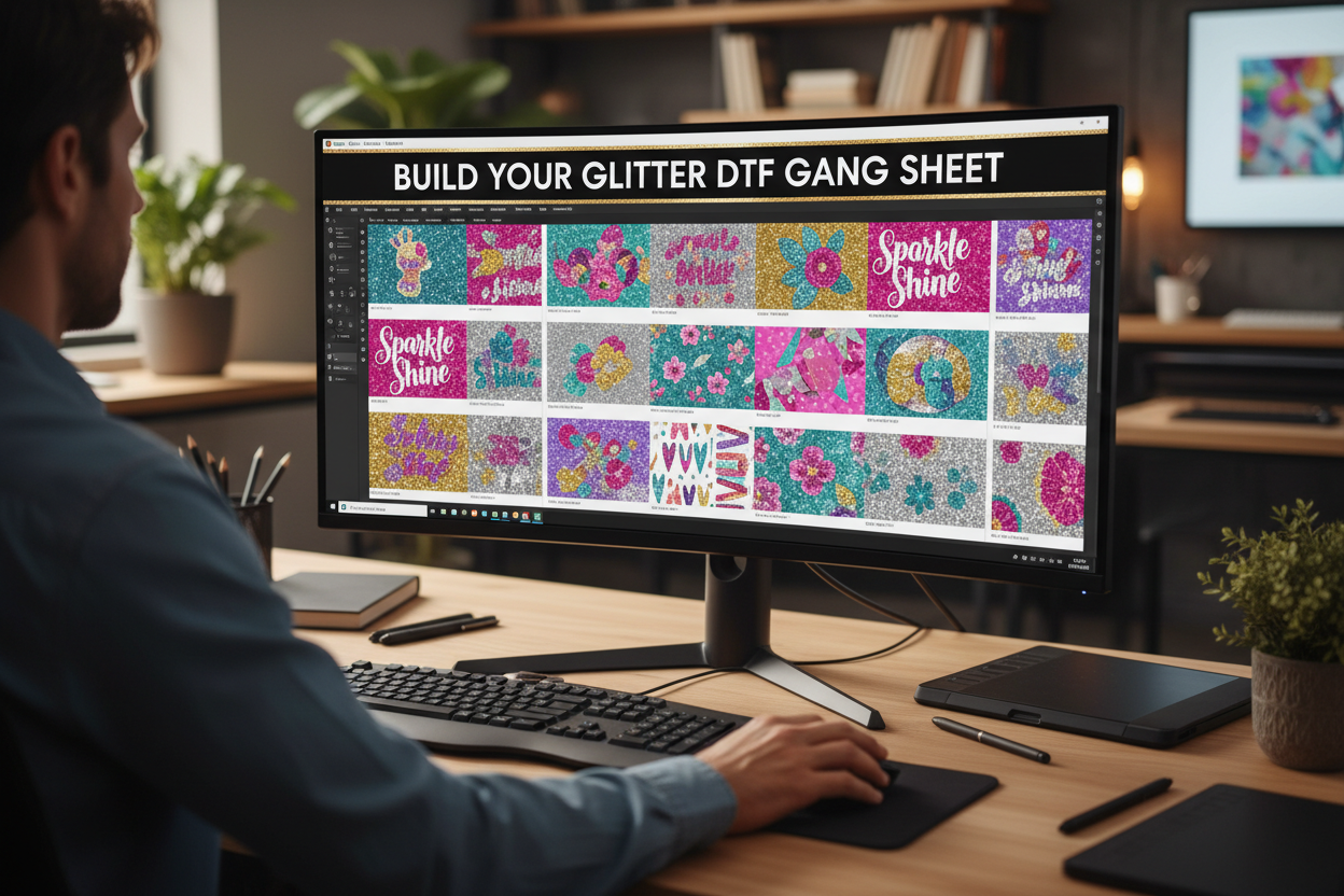 create a image where looking a computer screen . in the screen there are looking a glitter dtf gangsheet in creating. on the image title is ''  BUILD YOUR GLITTER DTF GANG SHEET