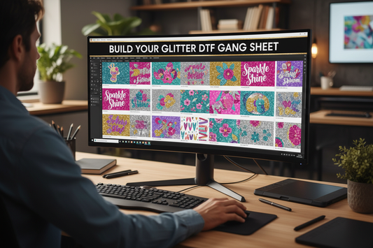 create a image where looking a computer screen . in the screen there are looking a glitter dtf gangsheet in creating. on the image title is ''  BUILD YOUR GLITTER DTF GANG SHEET