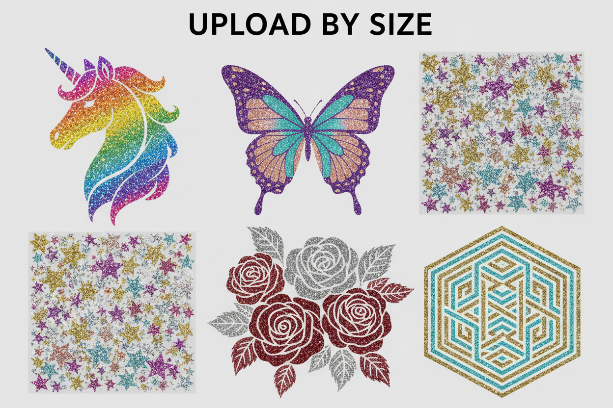 create a image with some best designs of Glitter dtf. picture title is '' Upload By Size ''