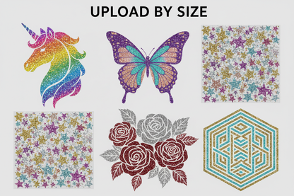 create a image with some best designs of Glitter dtf. picture title is '' Upload By Size ''