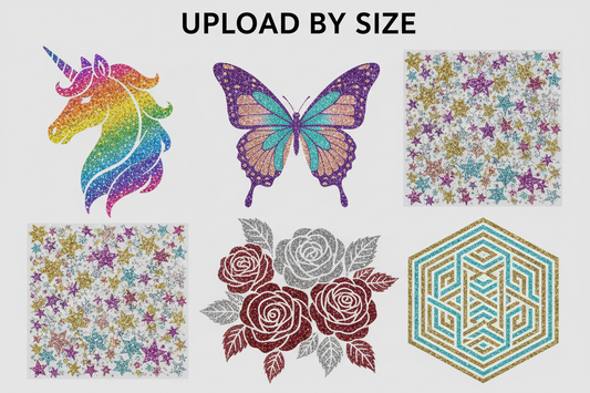 create a image with some best designs of Glitter dtf. picture title is '' Upload By Size ''