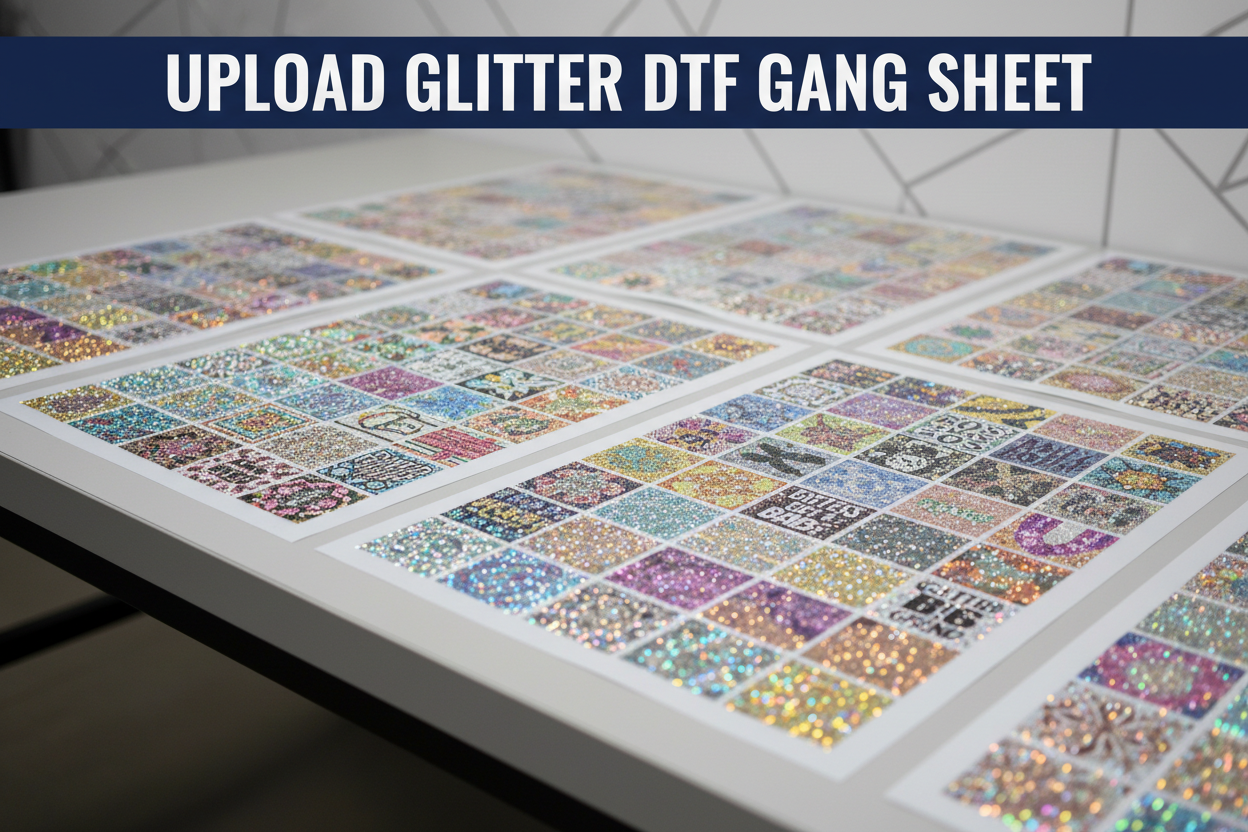 create a image with some glitter dtf gangsroll.in the image a title of '' UPLOAD GLITTER DTF  GANG SHEET ''