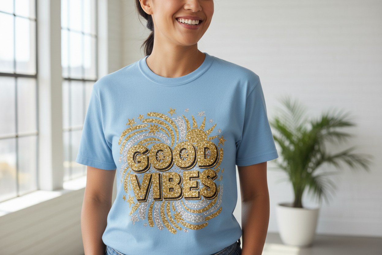 in the image a smilling people wearing a teeshirt . a glitter dtf transfer design are on the tee shirt