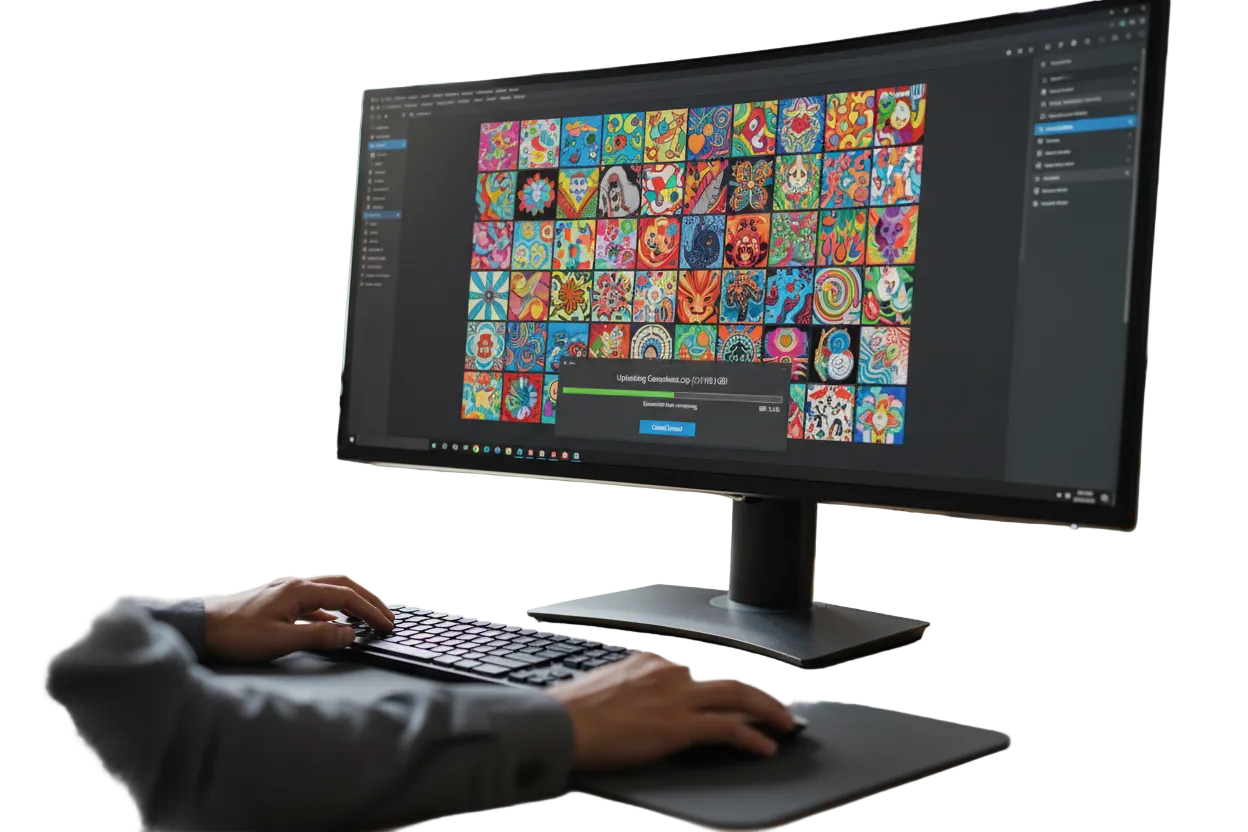 make a image for my product . image need likely someone uploading sublimation gangsheet on a computer screen.